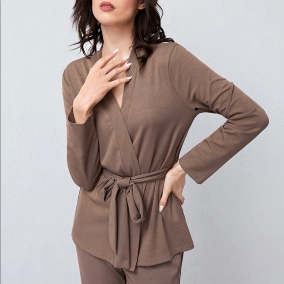 SOLD Mocha Brown Ribbed Wrap Belted Robe Top Flare Pajama Lounge Pants Set M - Picture 2 of 8